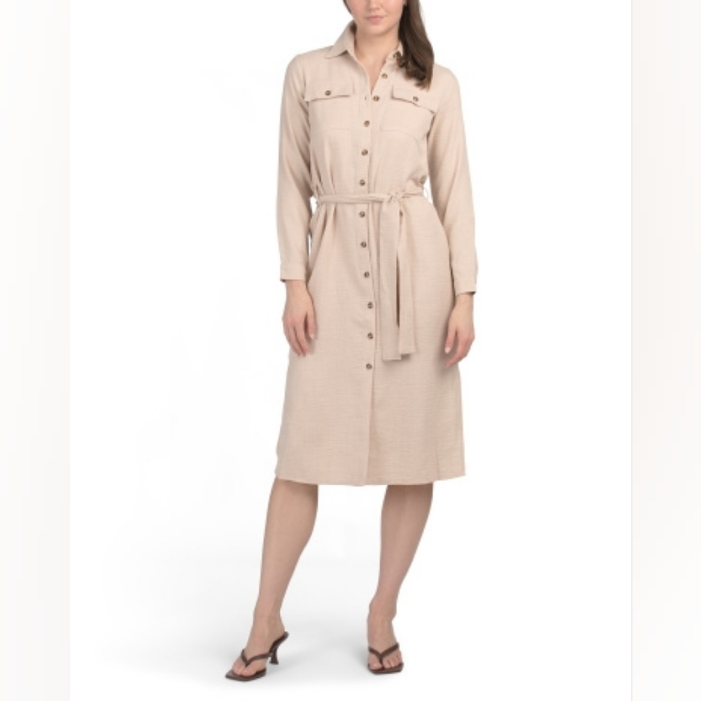 NWT - DKNY Beige Long Sleeve Button Down Midi Shirtdress - Size 14
